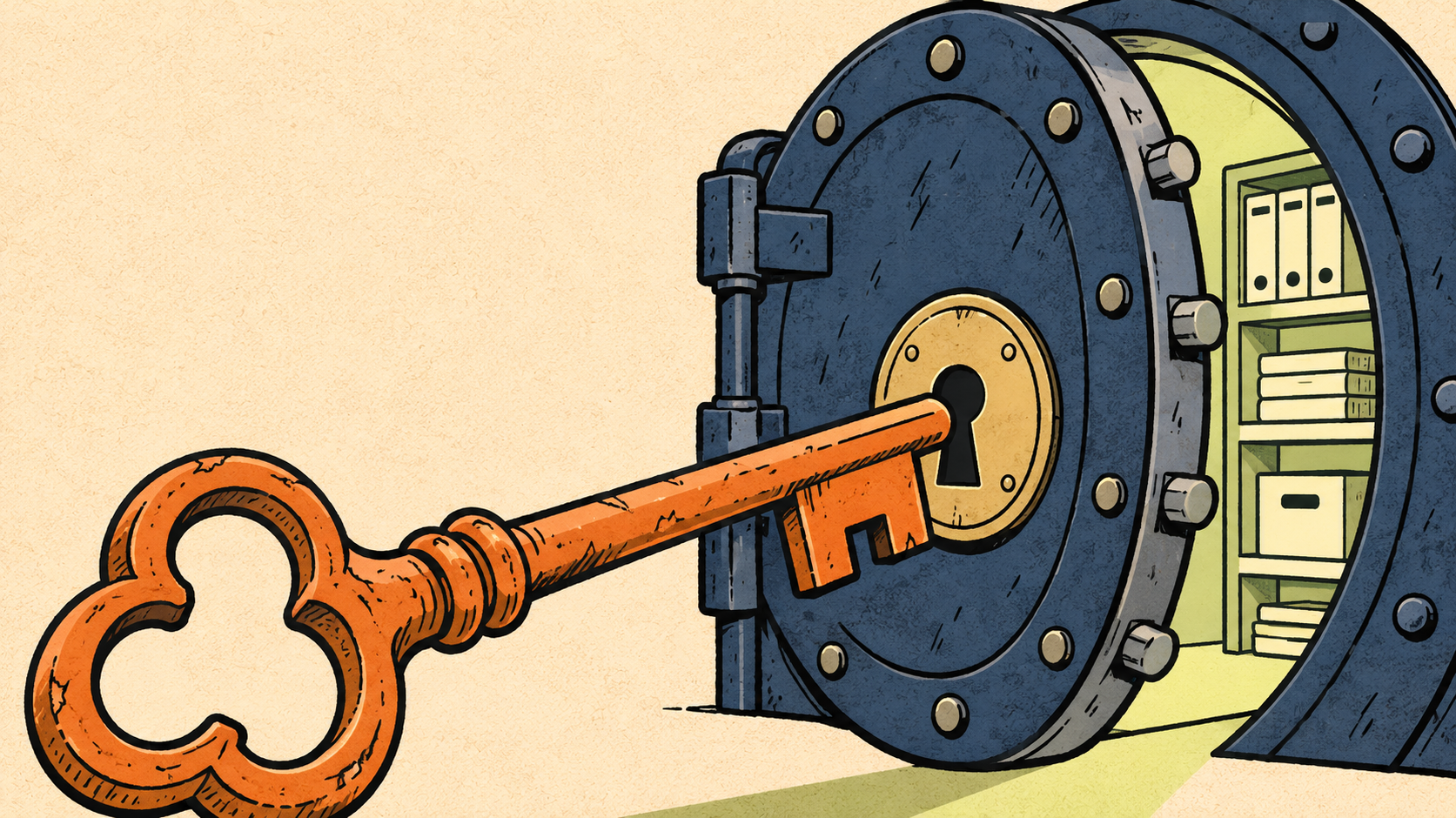 An orange key unlocking a navy vault filled with organized records